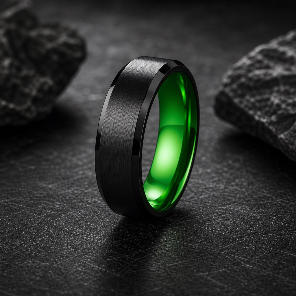 Lucky ring showing polished black bevelled edges against brushed black face
