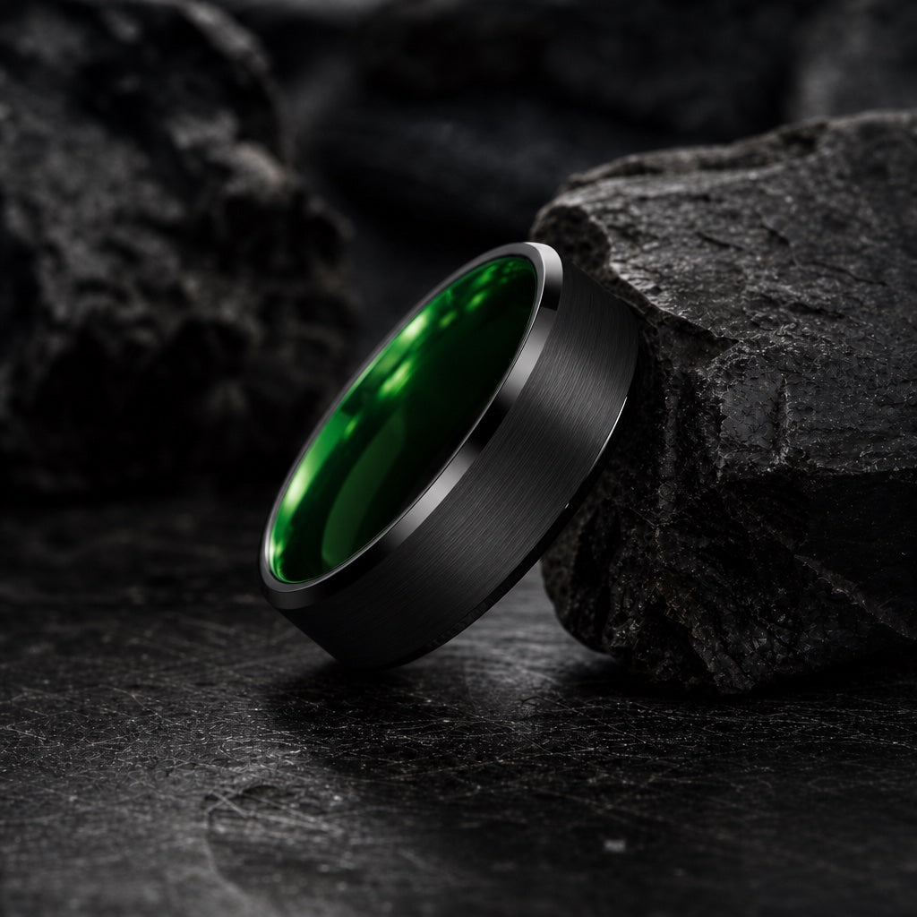 The Lucky ring resting against dark rock, brushed black body and green interior visible