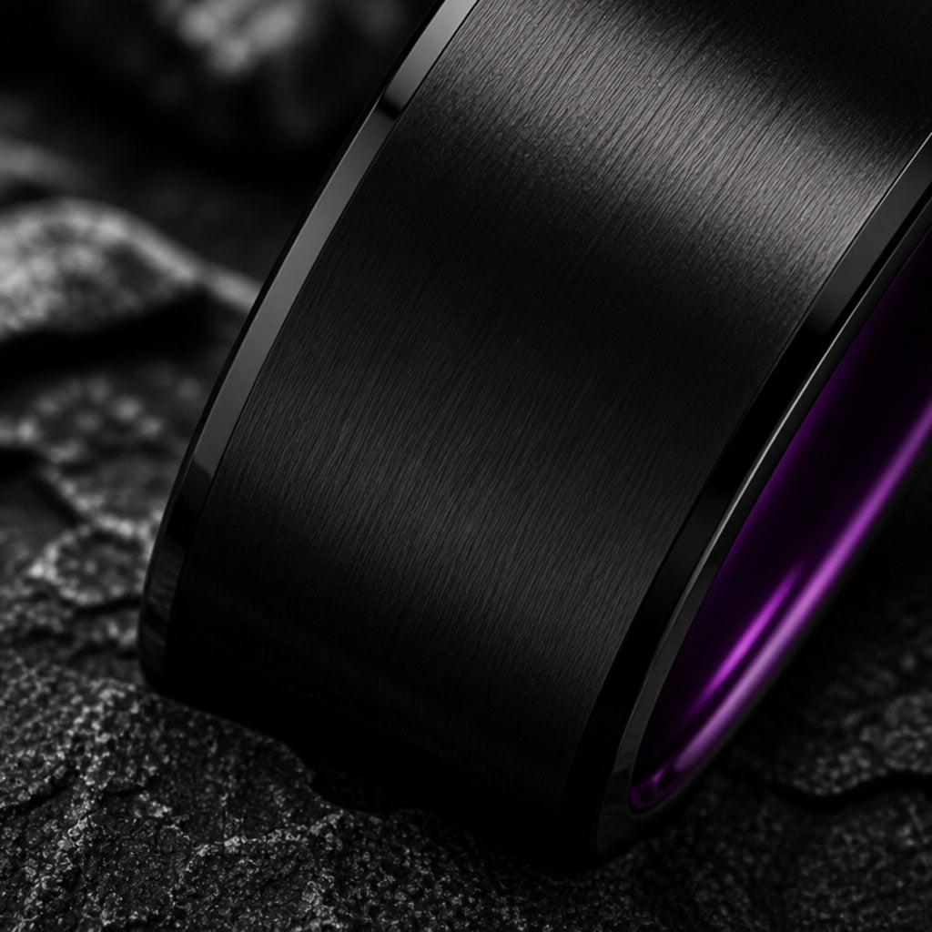 Macro of the Magnificent ring's brushed black tungsten exterior