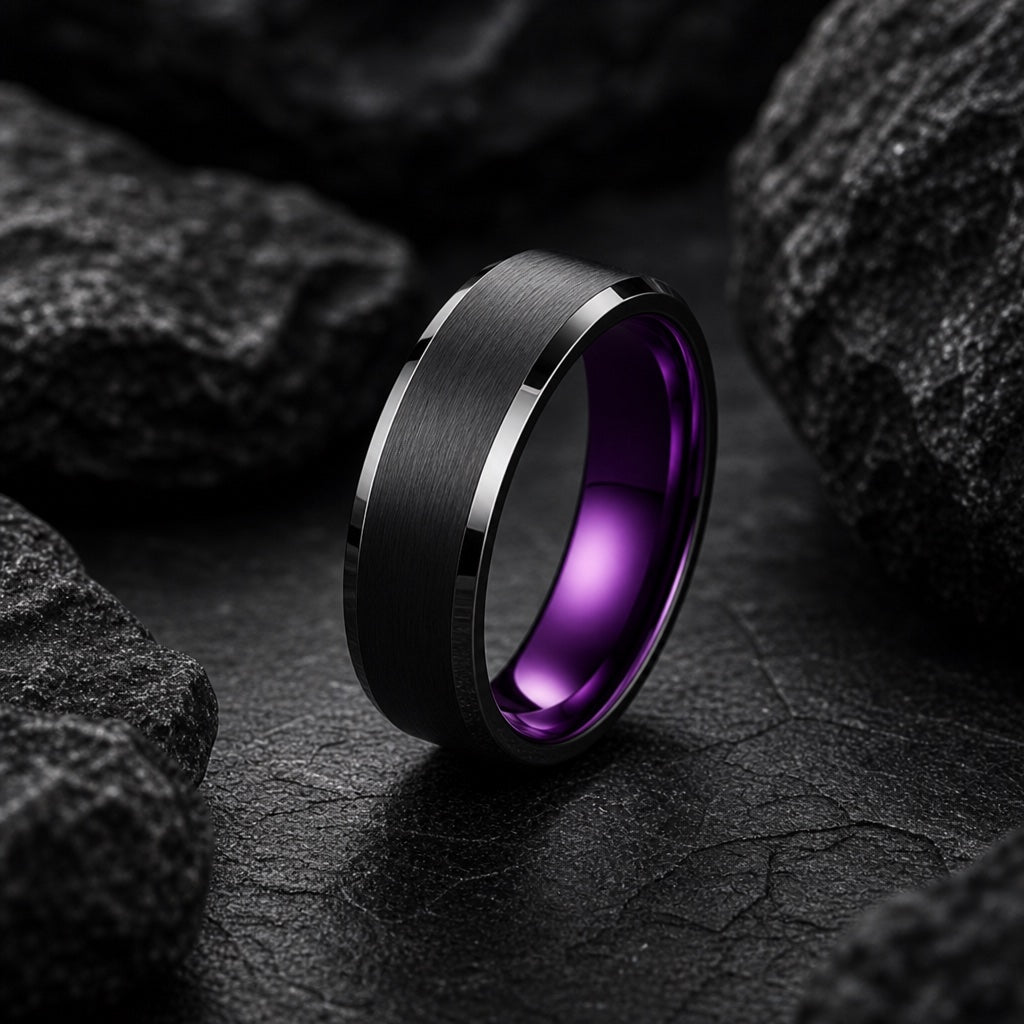 Magnificent ring showing polished bevelled black edges against brushed face