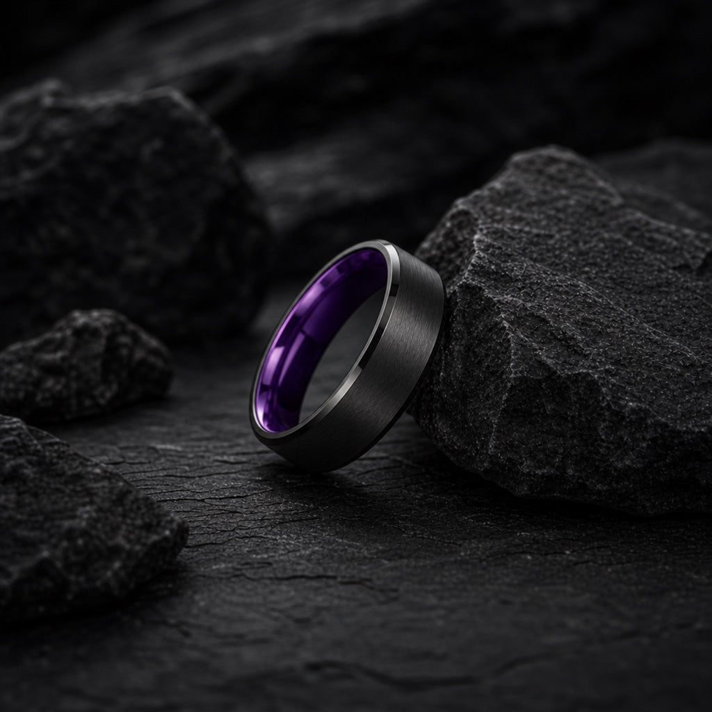 The Magnificent ring resting against dark rock, brushed black body visible