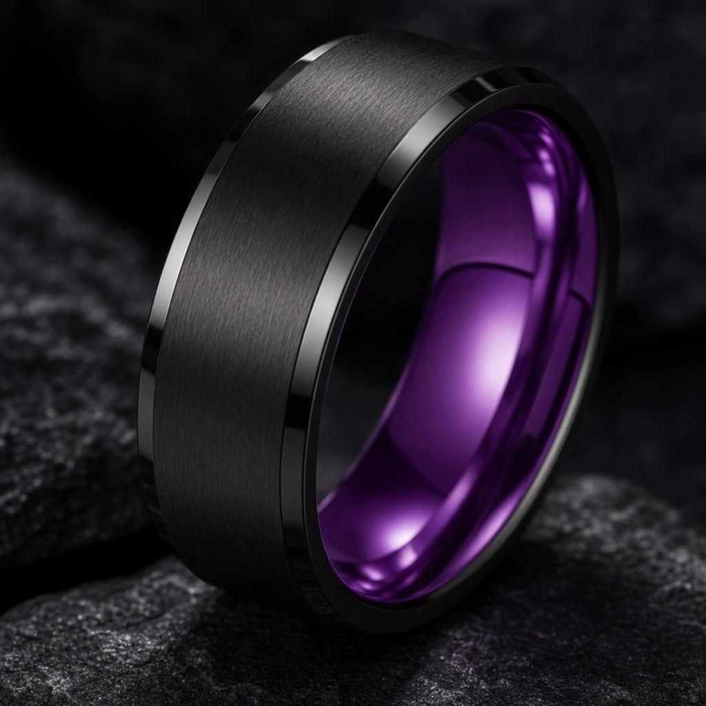 Magnificent ring angled to show the polished royal purple interior