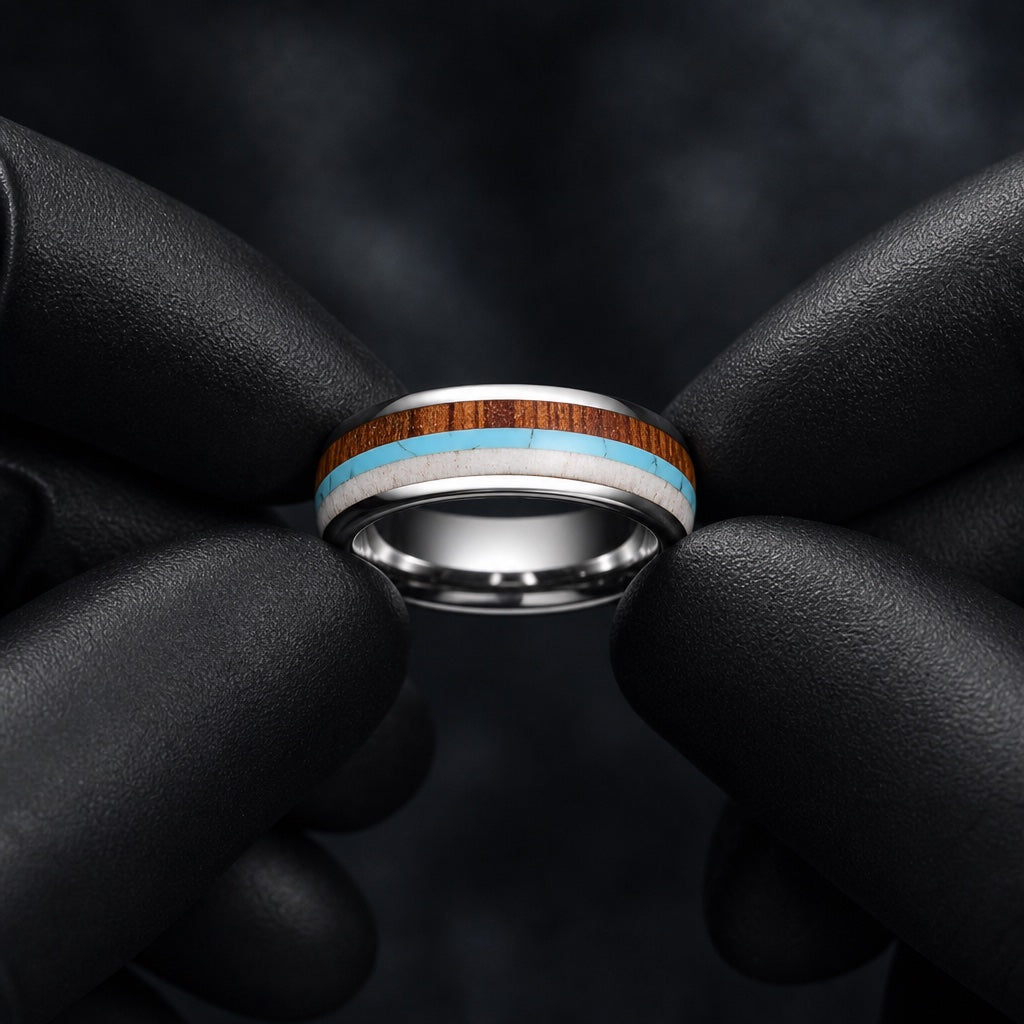 Gloved hands presenting the Mana ring, comfort-fit silver interior and three centred inlays visible