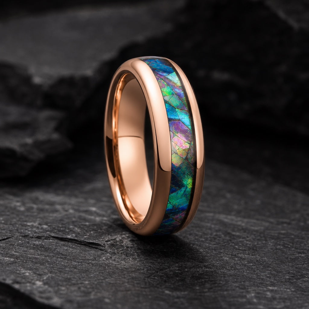 Mystic ring showing round domed rose gold edges framing the centred abalone channel