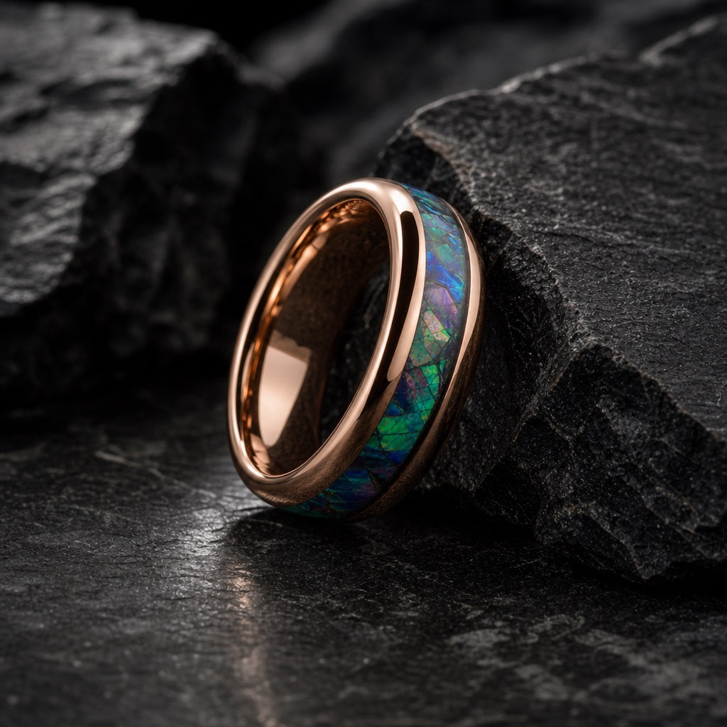 Mystic ring full band on dark charcoal rock with rose gold and centred abalone visible