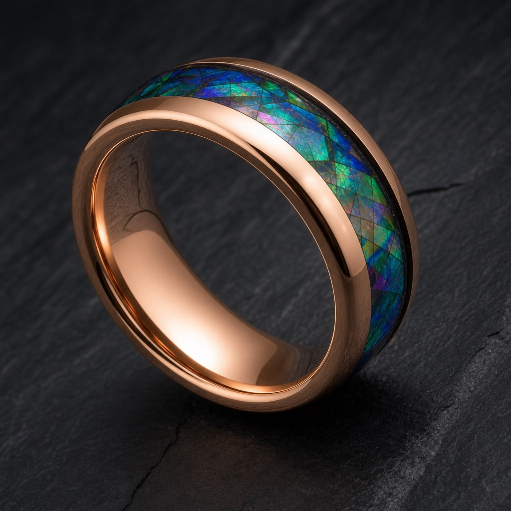 Mystic ring angled to show blank polished rose gold interior on dark stone