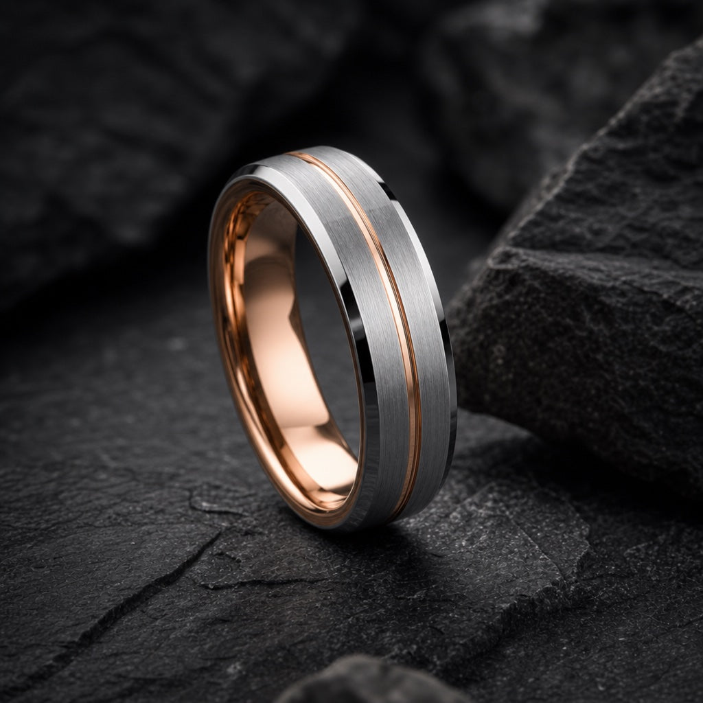 Navigator ring showing brushed silver tungsten face and polished bevelled outer rails on dark charcoal stone