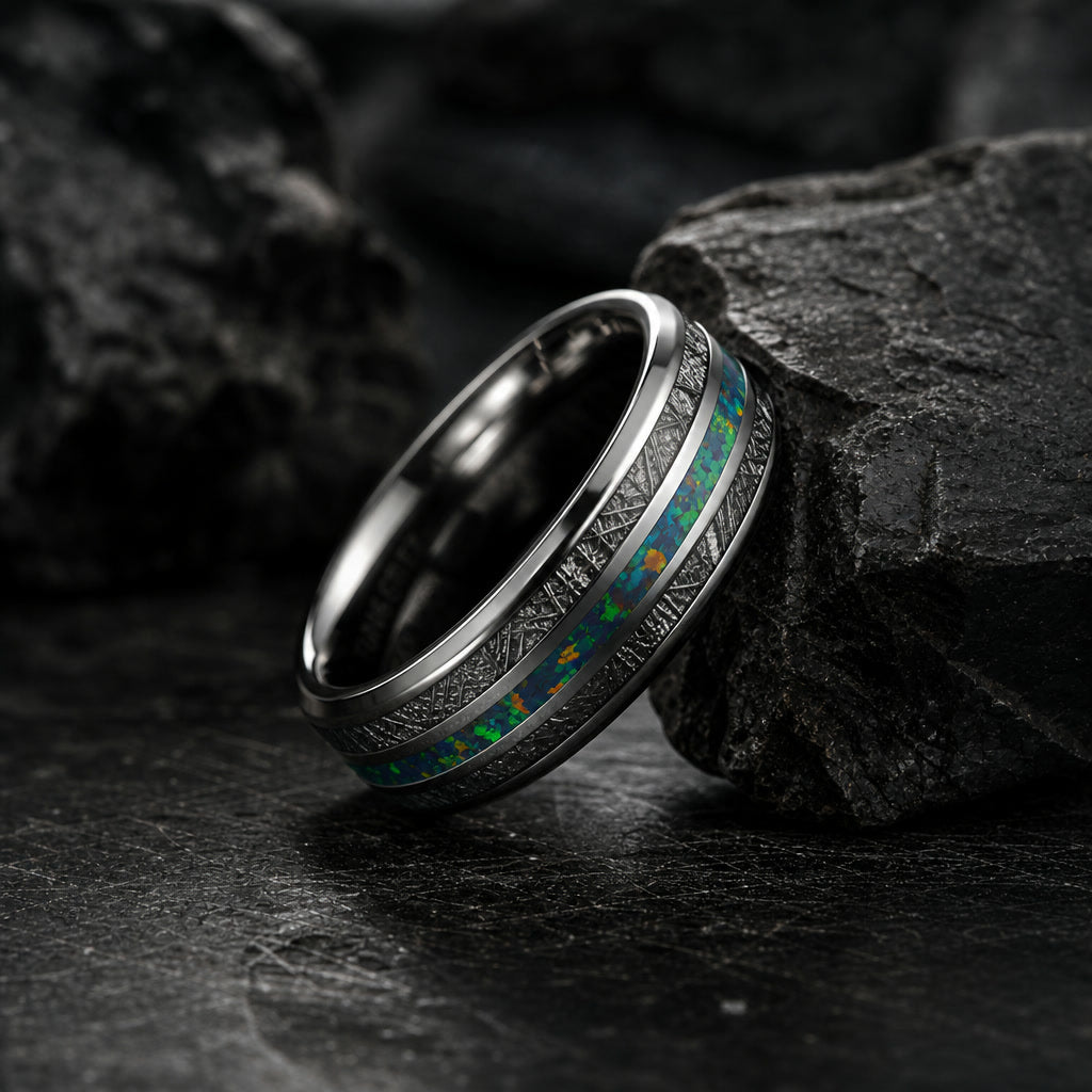 The Nebula ring resting against dark rock, showing its tungsten carbide body