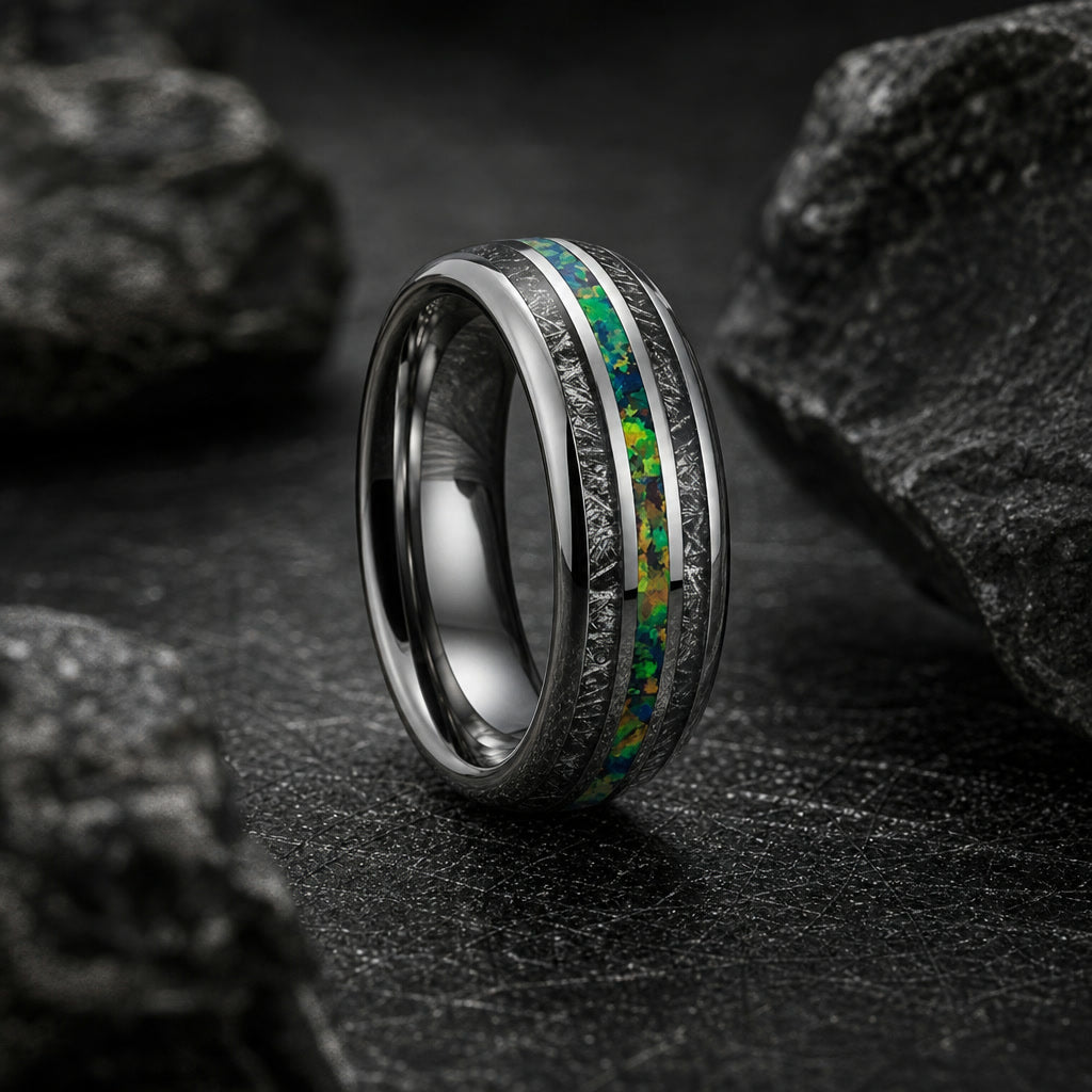 The Nebula ring standing upright at an angle, edges catching the light