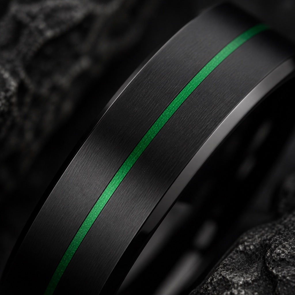 Macro of the Neo ring's thin centred polished green line on brushed black tungsten against dark charcoal stone