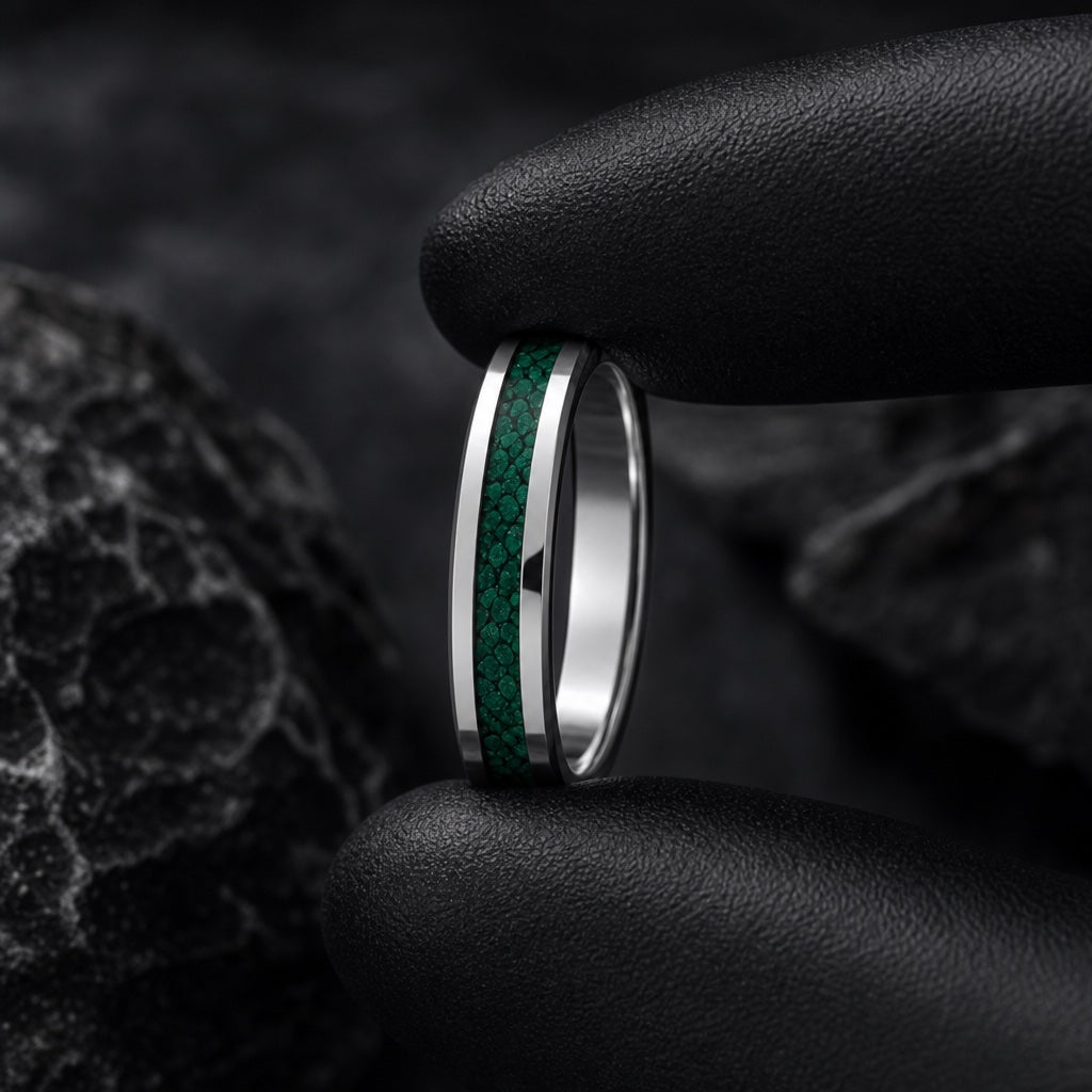 Black latex gloves presenting the Oracle ring with malachite channel and silver band