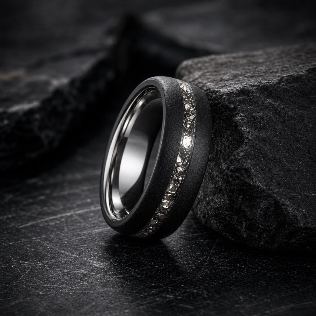 The Orion ring resting against dark rock, showing its black tungsten body