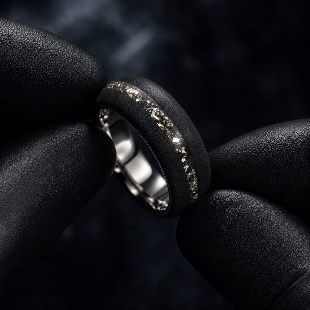 Gloved hands presenting the Orion ring, comfort-fit curve visible