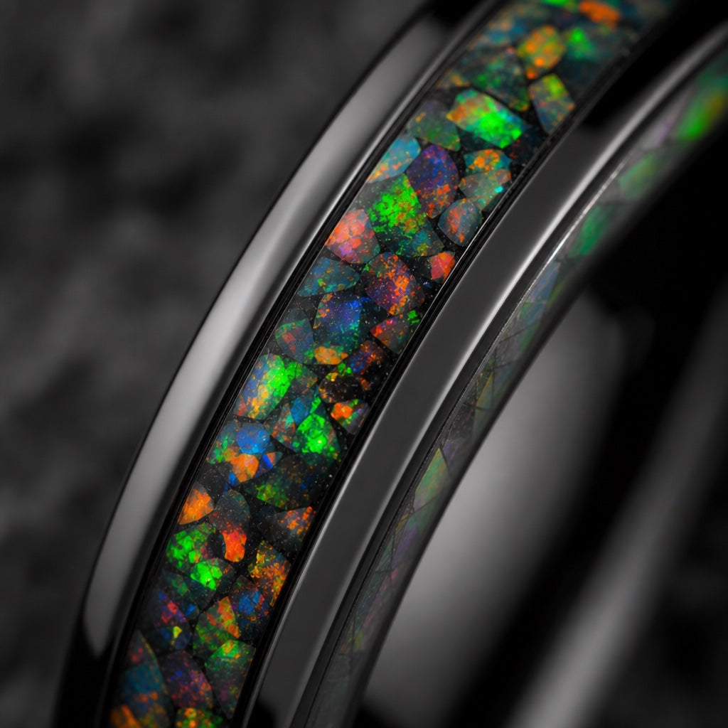 Macro of the Paladin ring crushed fire opal channel beside the black separator rail on dark charcoal stone