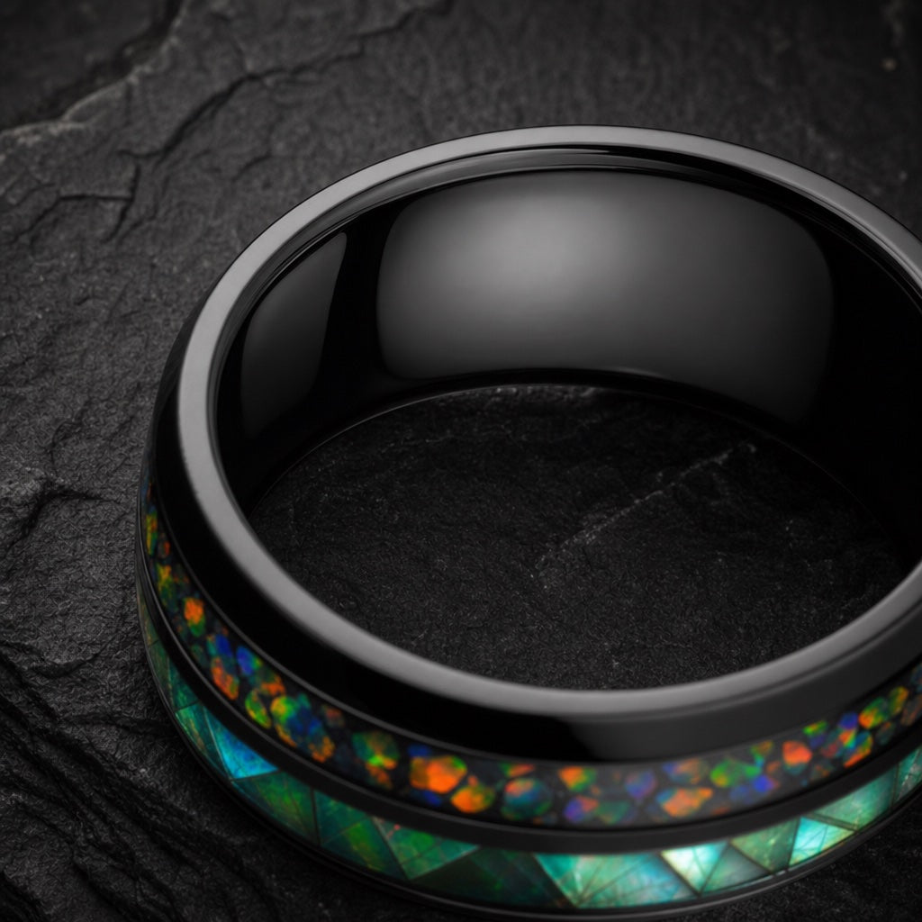 Paladin ring angled on dark charcoal stone to show the blank polished black interior of the band