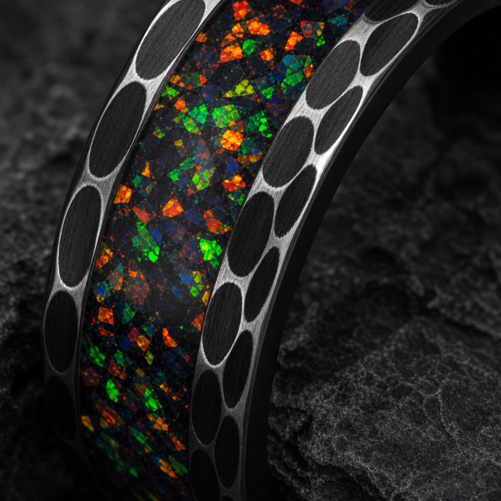 Macro of the Prime ring centred crushed multicolour opal fire channel between hammered black flanks