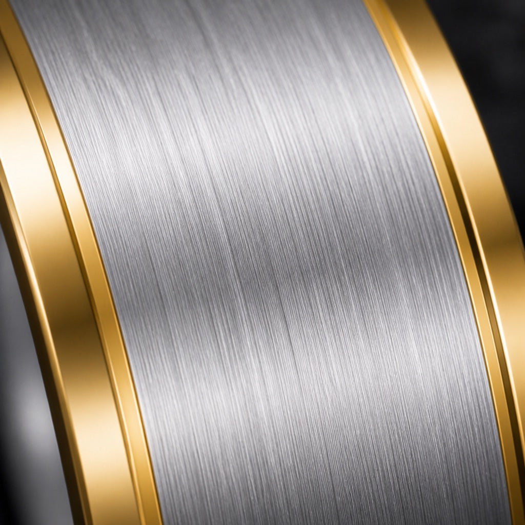 Macro of the Prospect ring's wide brushed silver centre field between equal yellow-gold stepped rails on dark charcoal stone