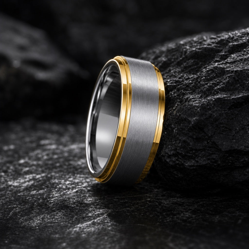 Prospect ring profile showing equal polished yellow-gold stepped edge rails framing the brushed silver centre on dark charcoal stone