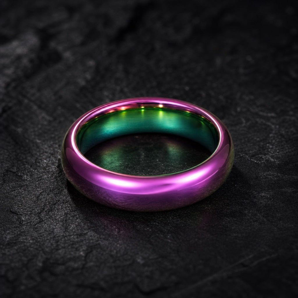 Proud ring angled on dark stone to show the distinct polished rainbow interior filling the frame