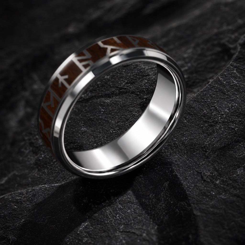 Raider ring angled on dark charcoal stone to show the polished silver interior