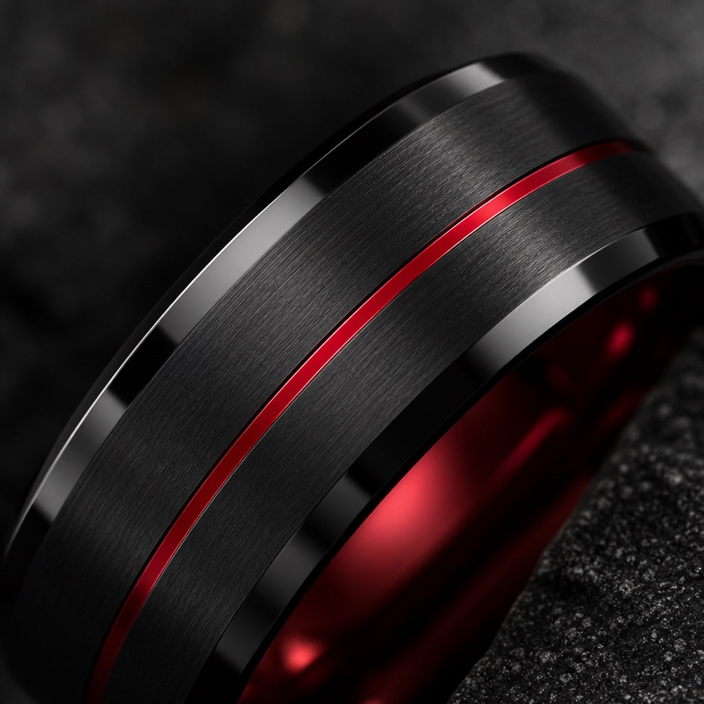 Macro of the Rogue ring's thin polished red groove centred on brushed black tungsten