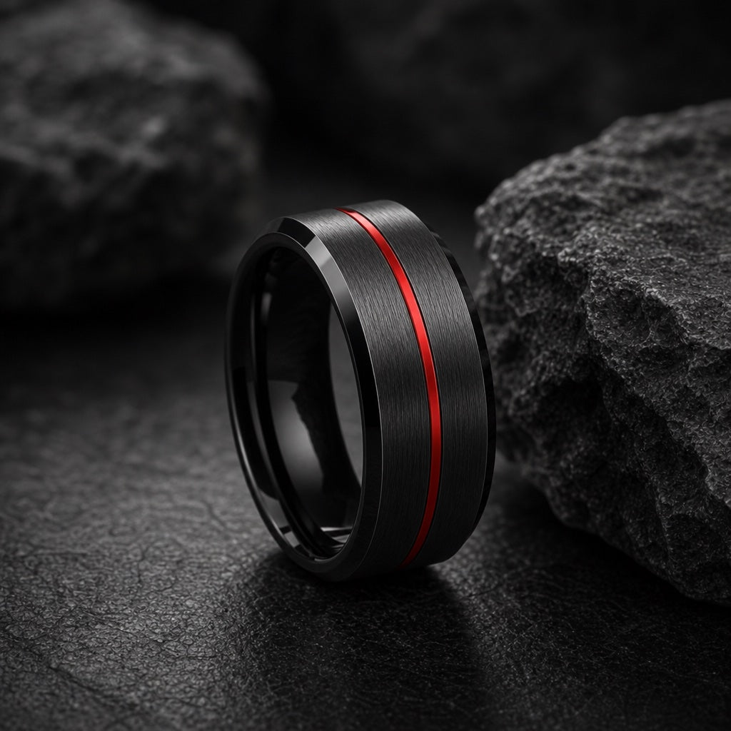 Rogue ring showing brushed black tungsten face and bevelled polished outer rails