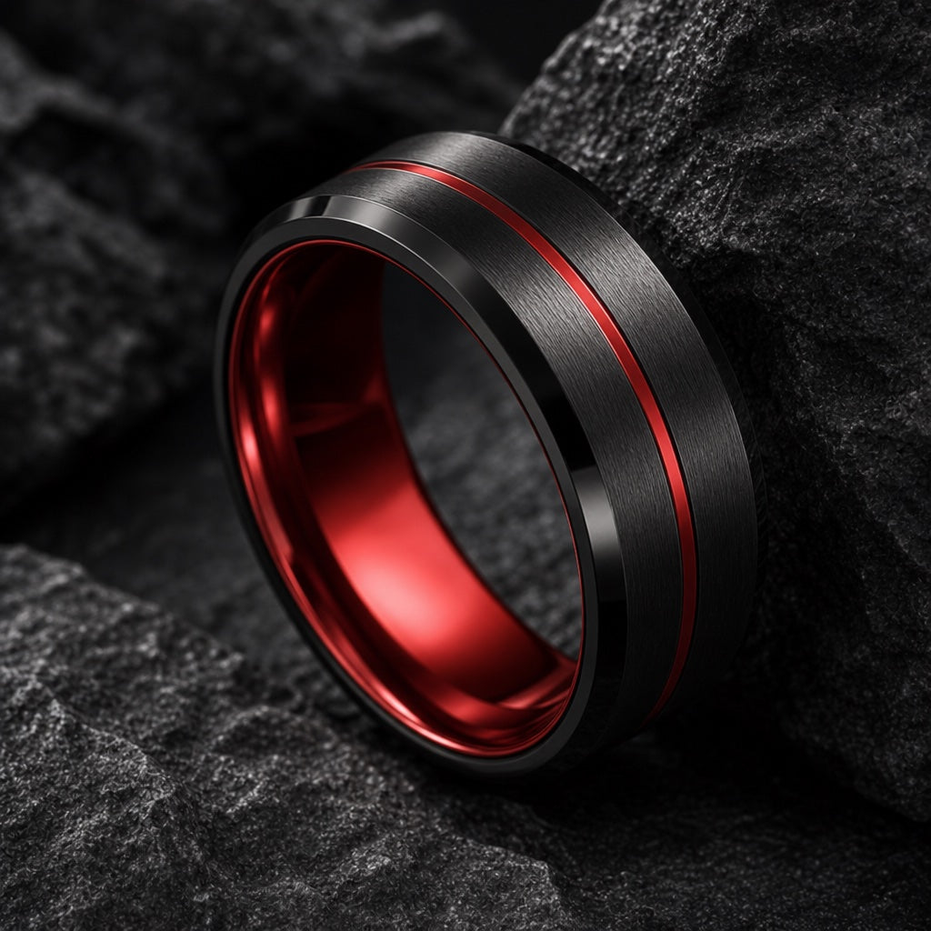 Rogue ring angled to show the polished red interior of the band on dark stone