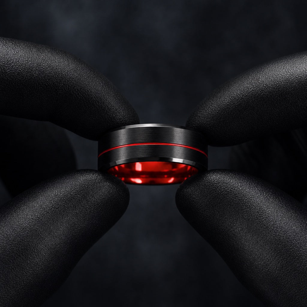Gloved hands presenting the Rogue ring, comfort-fit curve and centred red groove visible
