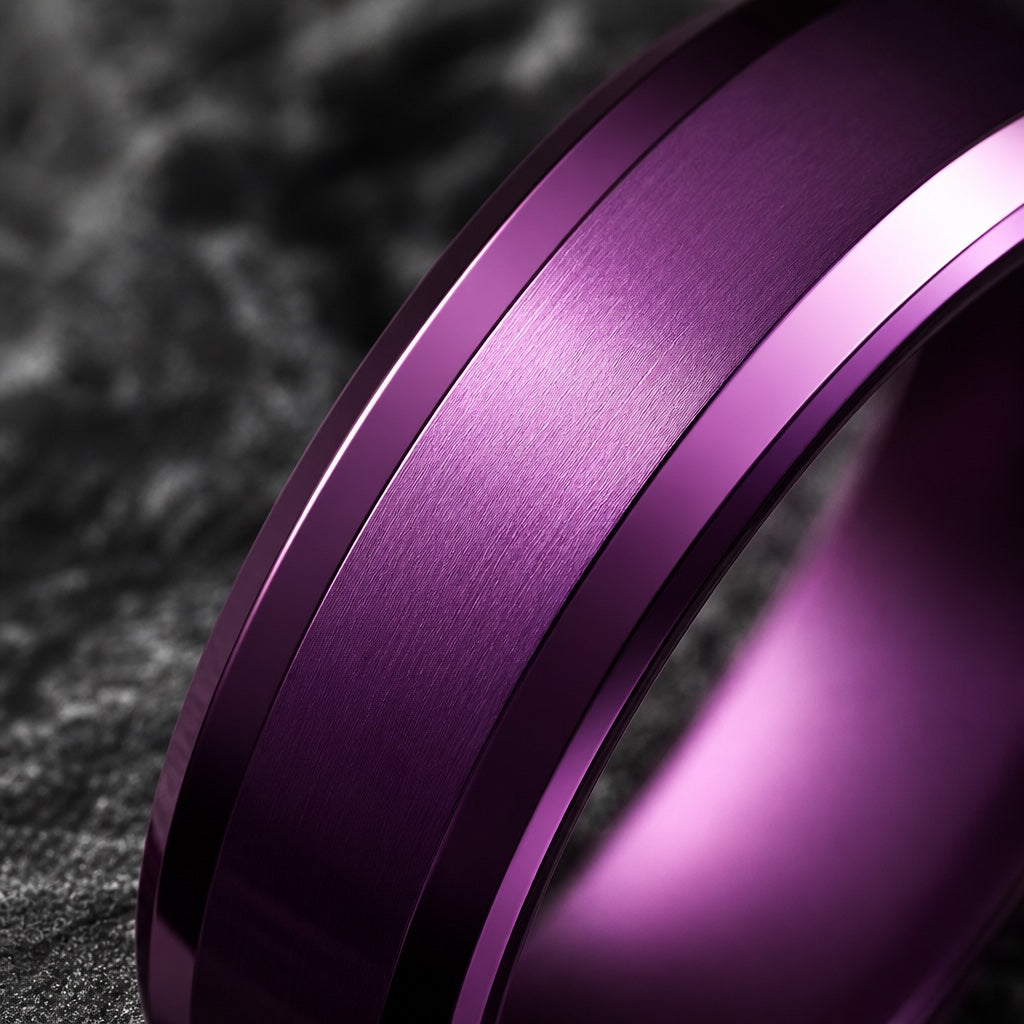 Macro of the Royal ring's solid polished royal purple tungsten face on dark charcoal stone