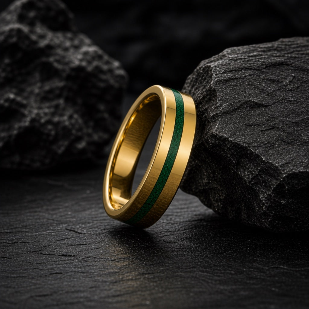 The Sage ring resting against dark rock, gold tungsten body visible