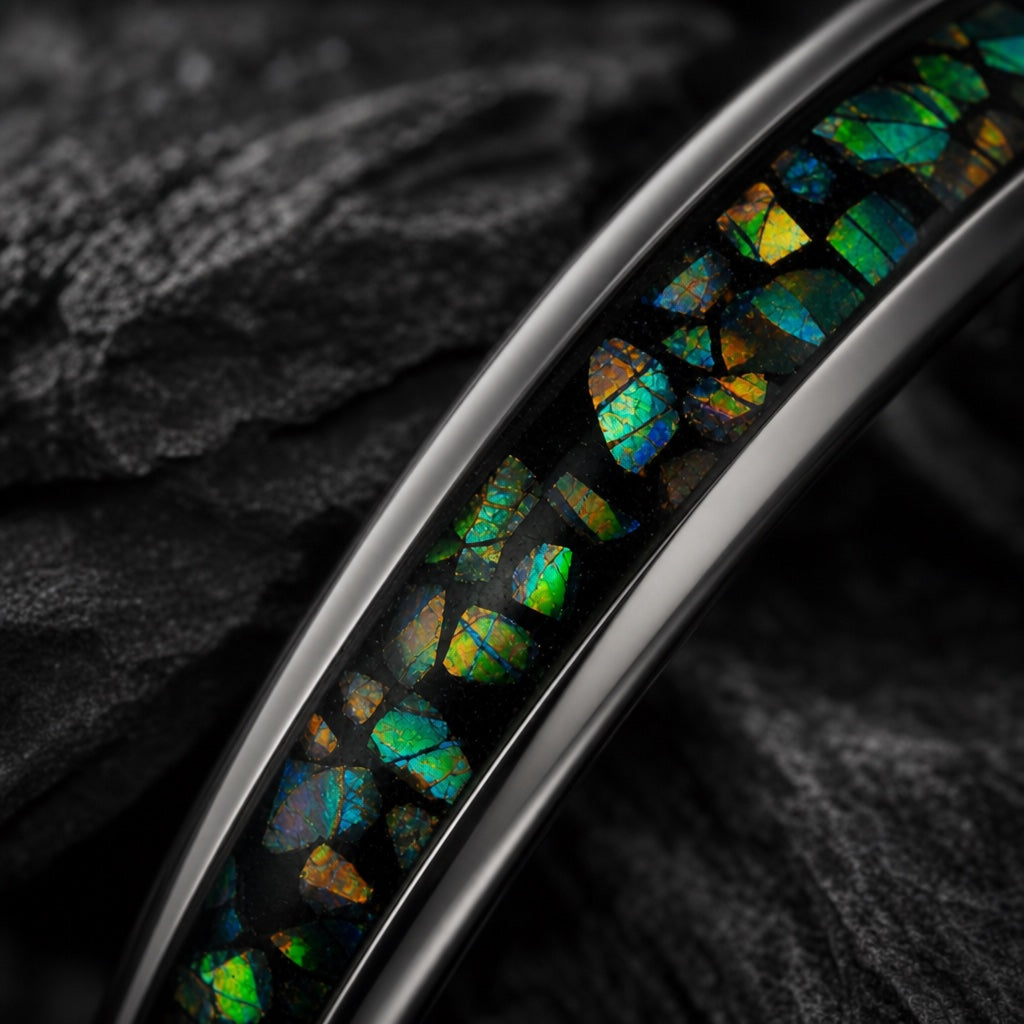 Macro of the Saint ring centred abalone and opal inlay in polished silver