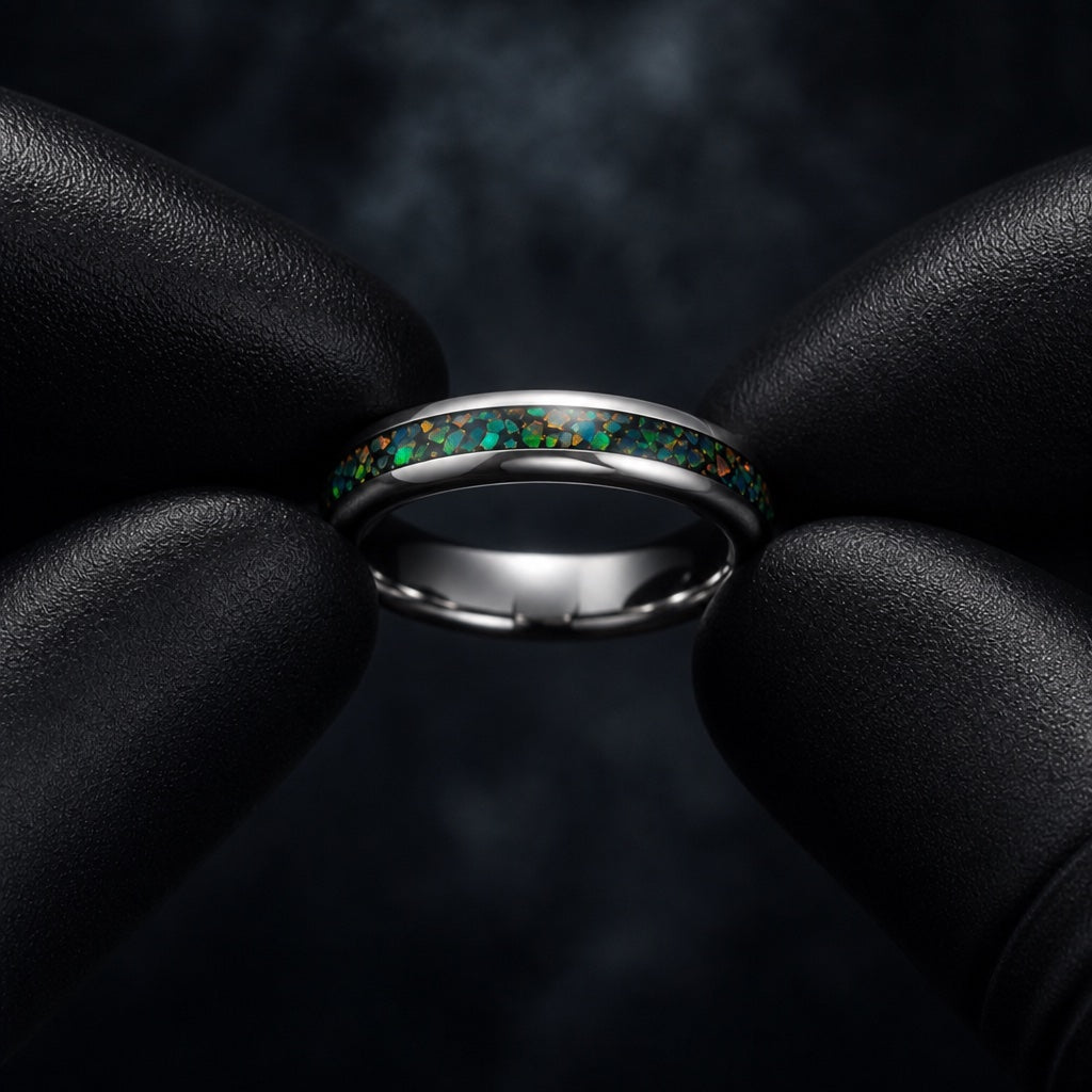 Black latex gloves presenting the Saint ring with abalone opal channel and silver band