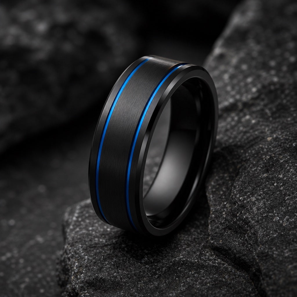 Sentry ring showing brushed black face, polished bevelled edges and twin blue grooves
