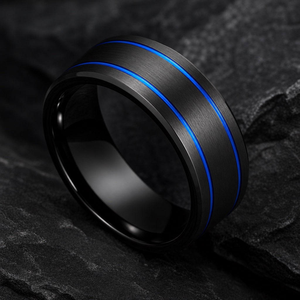 Sentry ring angled on dark stone showing the polished black blank interior