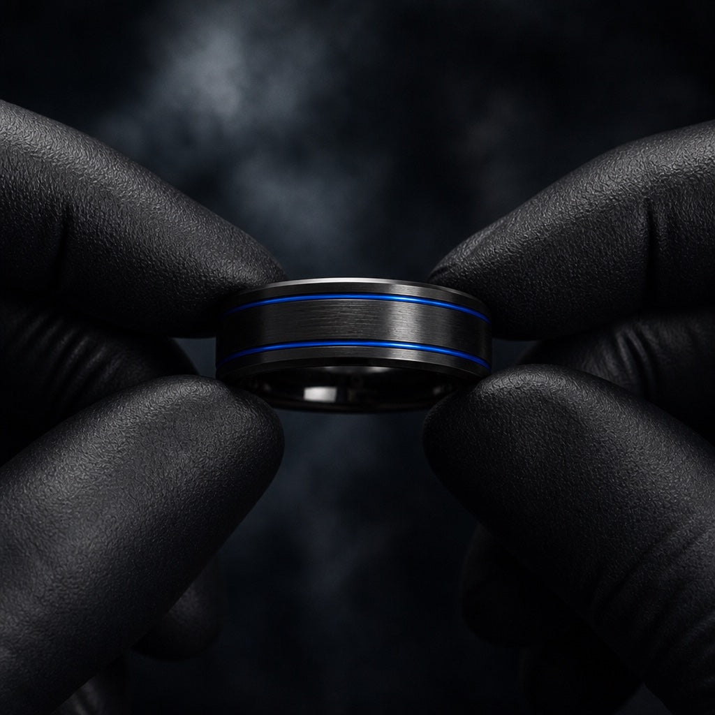 Black latex gloved hands presenting the Sentry ring, twin blue grooves and black interior visible