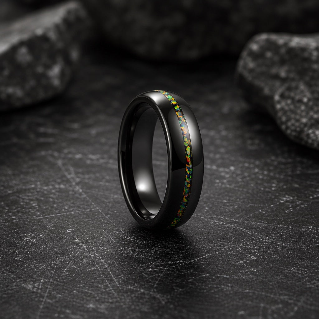 Seraph ring showing true round soft dome polished black profile and centred opal fire against dark stone