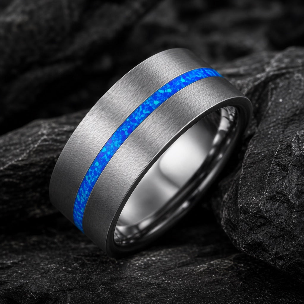 Serene ring on dark charcoal rock showing brushed silver face, flat crisp edges, and centred blue opal channel