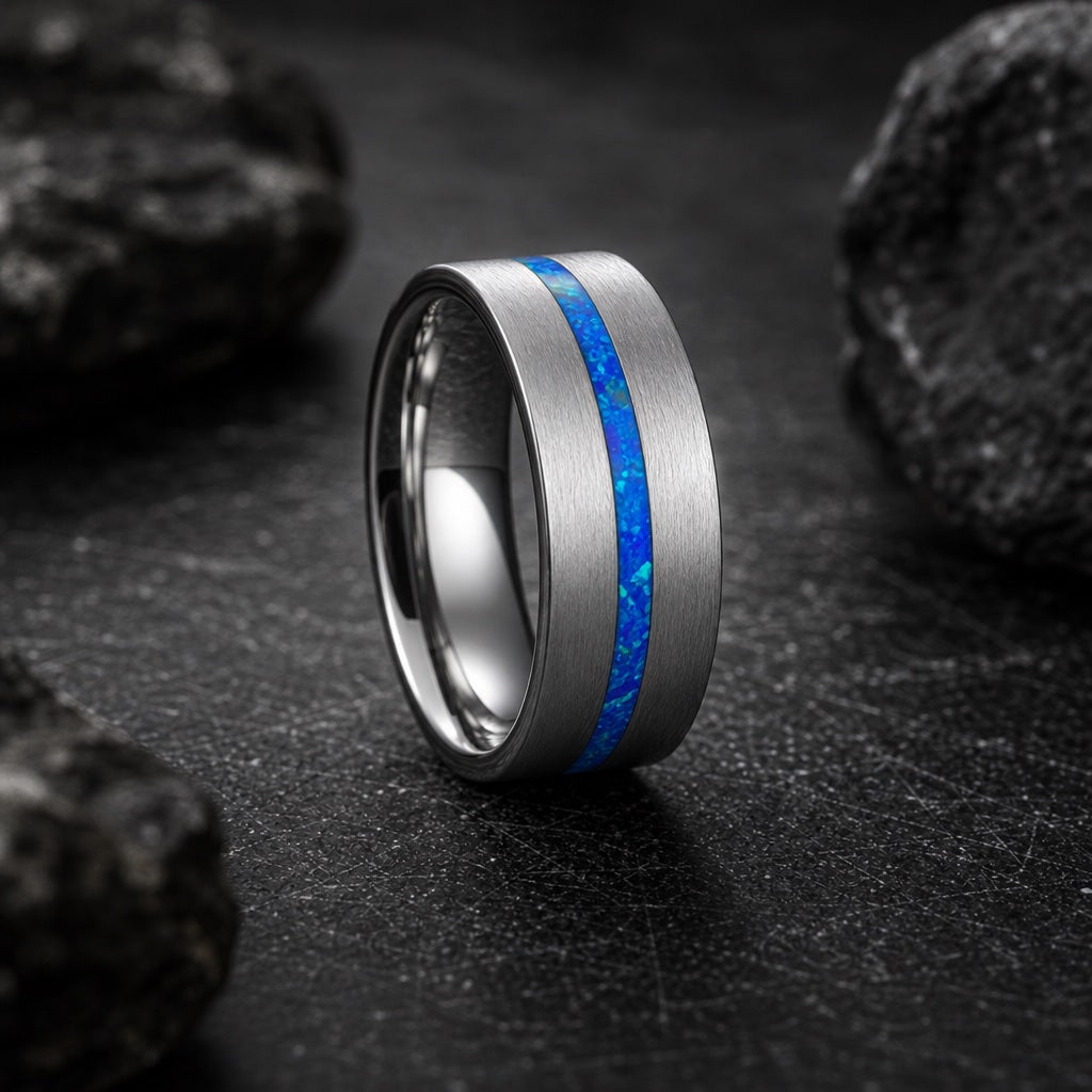 Serene ring angled on dark charcoal stone to show the blank polished silver interior and centred blue opal channel