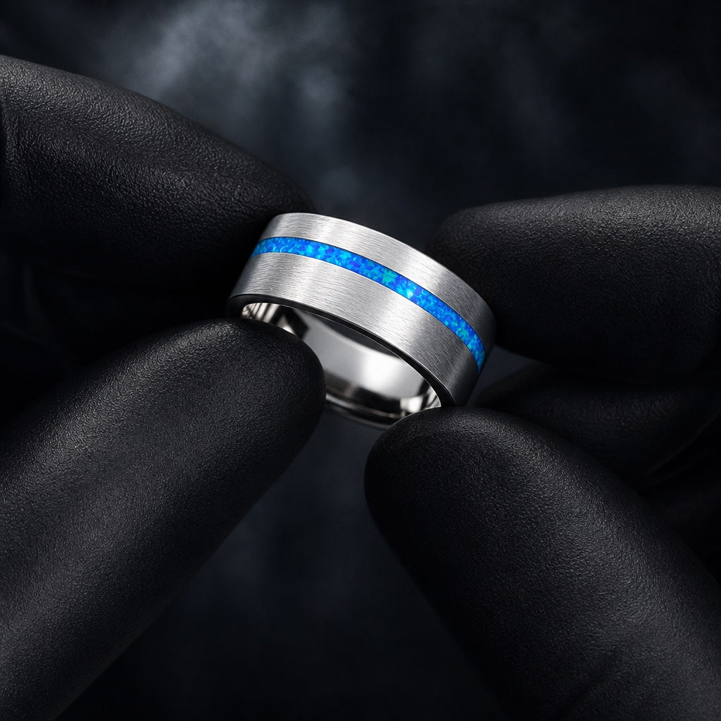 Gloved hands presenting the Serene ring, centred blue opal and comfort-fit silver interior visible