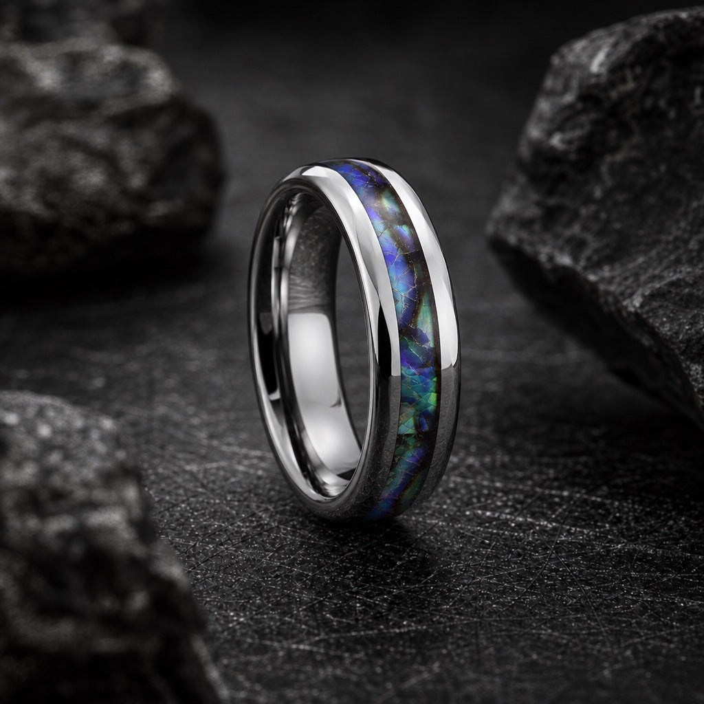 Shaman ring showing round soft-dome silver edges and centred abalone