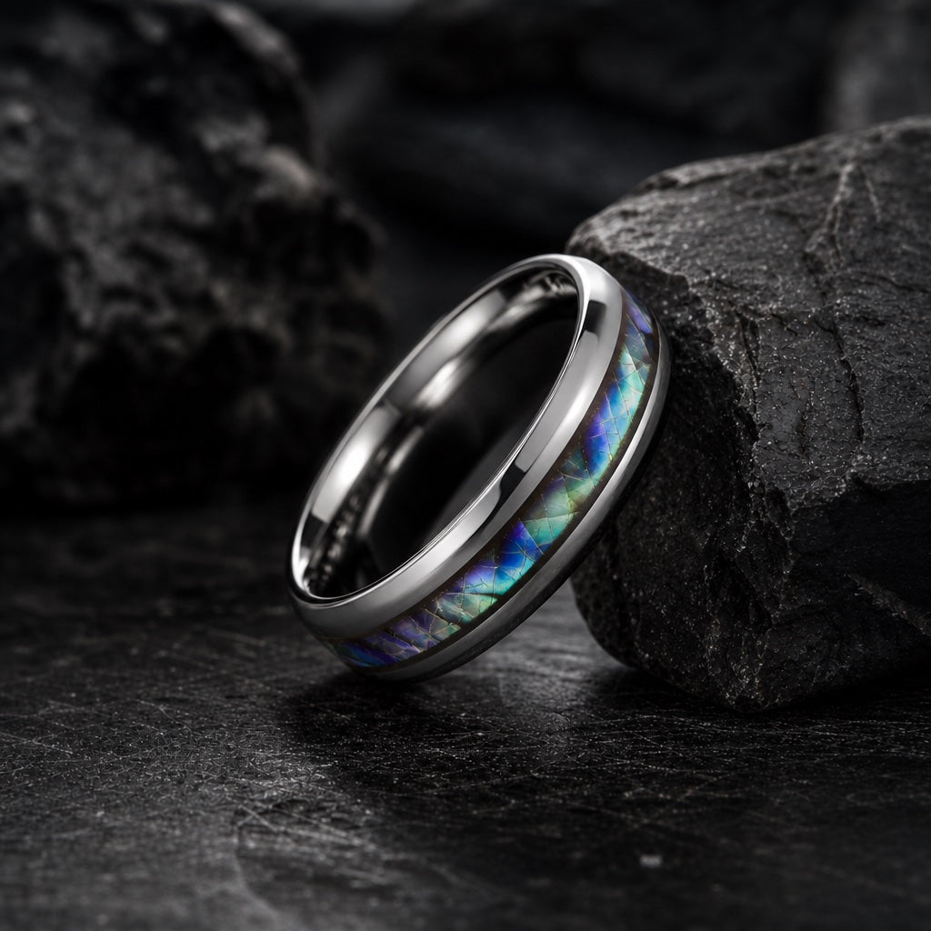 The Shaman ring resting against dark rock, silver body and centred abalone visible