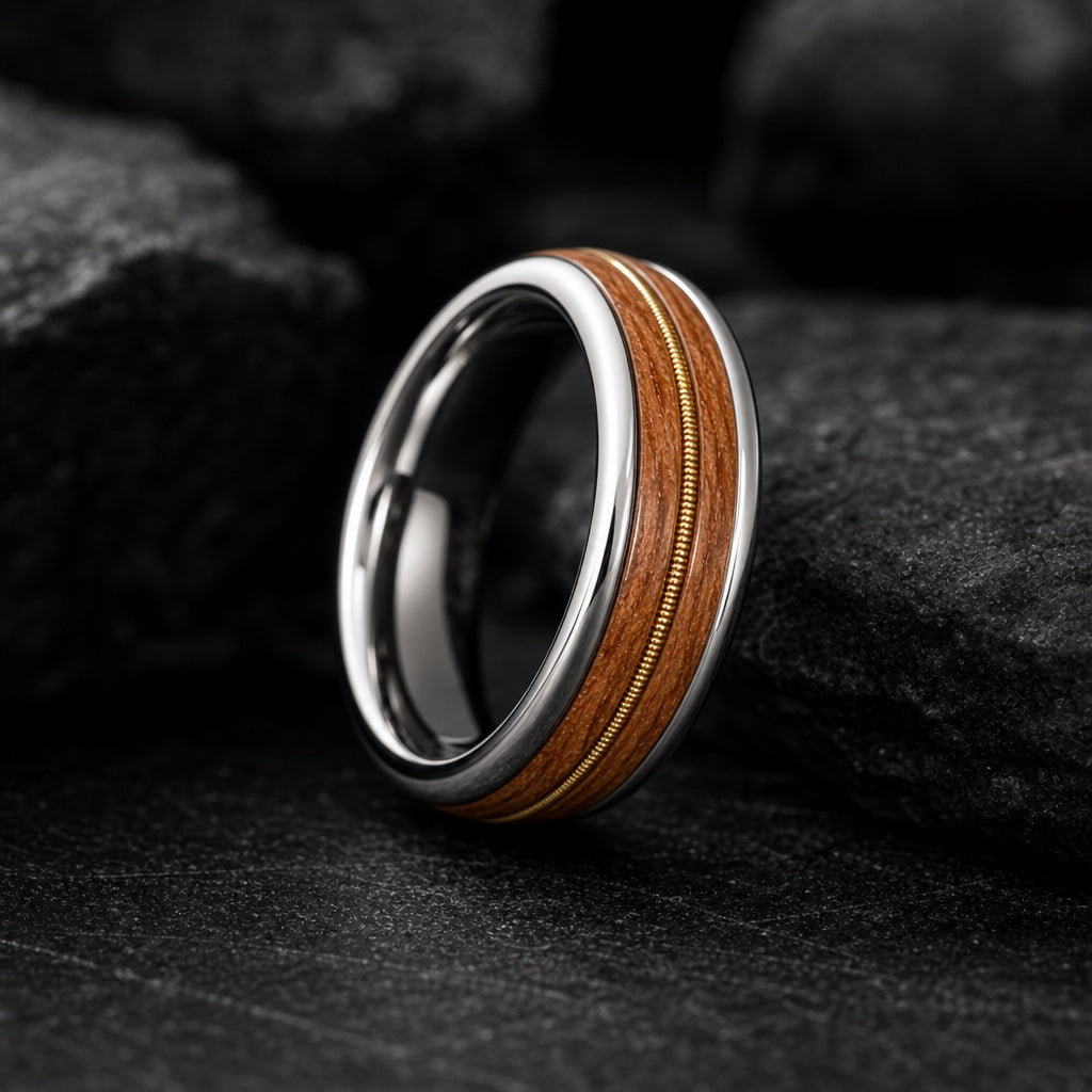 Sharp ring polished silver round rails framing the oak channel against dark charcoal stone