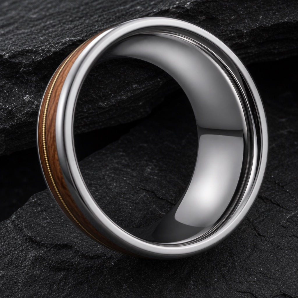 Sharp ring angled on dark charcoal stone to show the blank polished silver interior filling the frame
