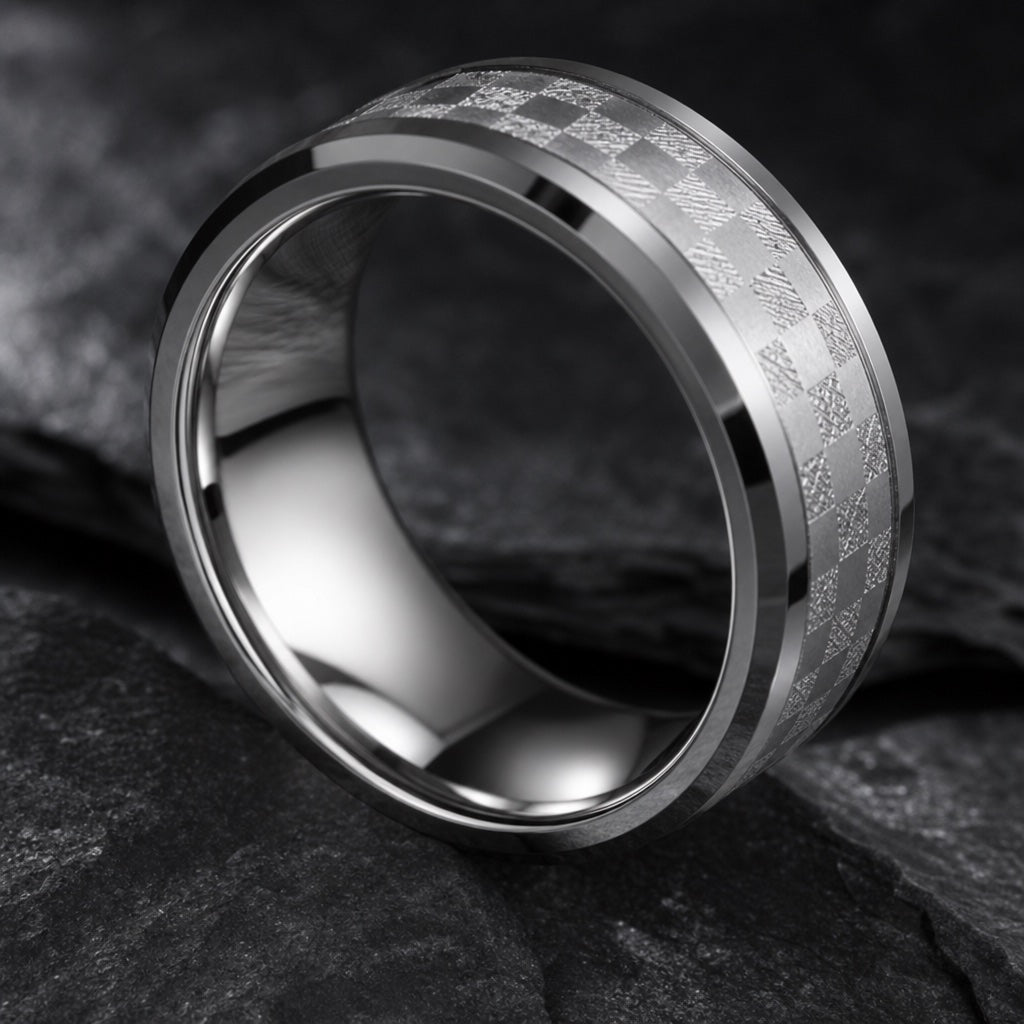Shimmer ring angled on dark charcoal stone to show the blank polished silver interior of the band