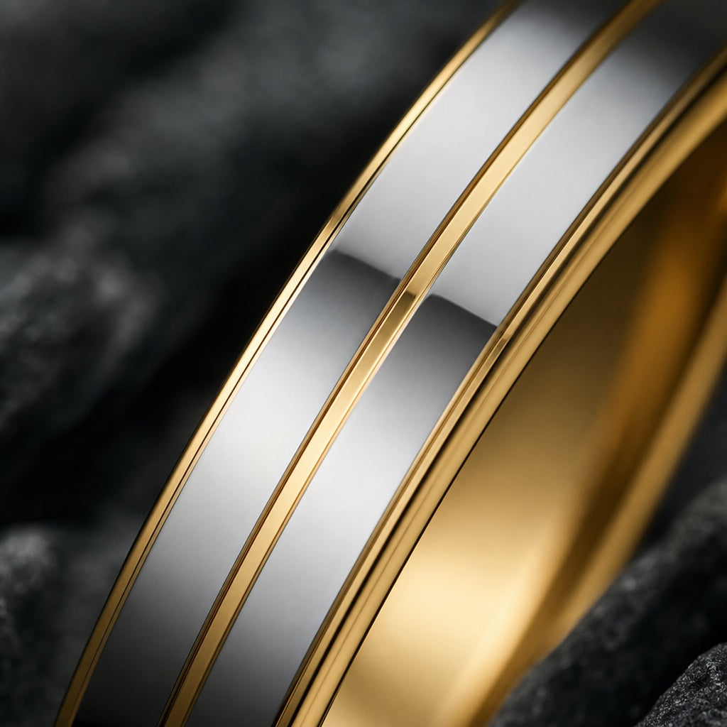 Macro of the Shine ring's thin centred recessed yellow-gold line between polished twin silver rails on dark charcoal stone