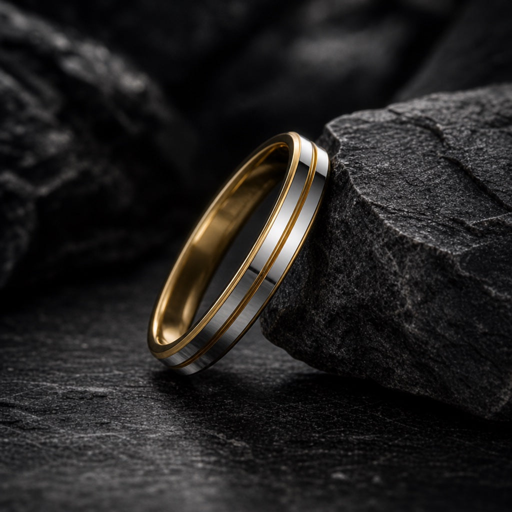The Shine ring resting against dark charcoal rock, twin silver rails and thin gold centre line visible