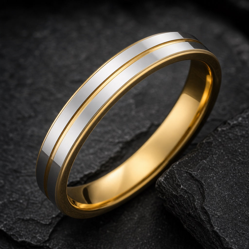 Shine ring angled on dark charcoal stone to show the polished yellow-gold interior of the band
