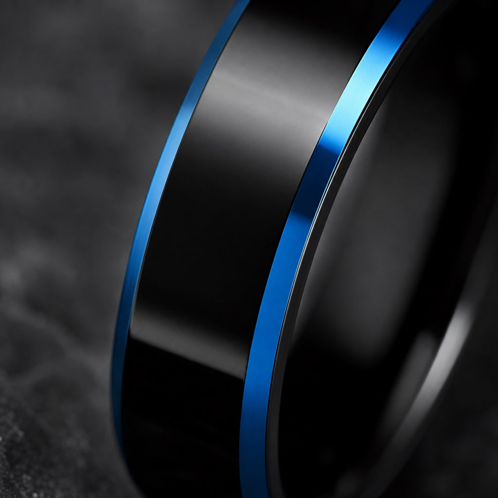 Macro of the Shock ring polished black face with electric blue bevels on dark charcoal stone
