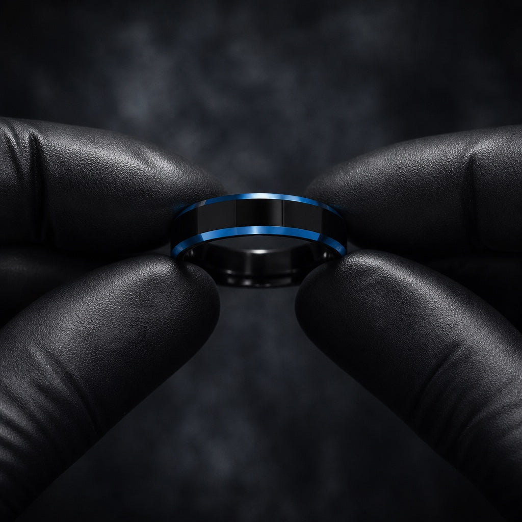 Gloved hands presenting the Shock ring, polished black face, electric blue bevels and black interior visible