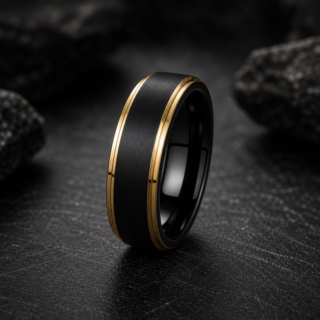 Slick ring profile showing equal polished yellow-gold stepped edge rails framing the matte black centre on dark charcoal stone
